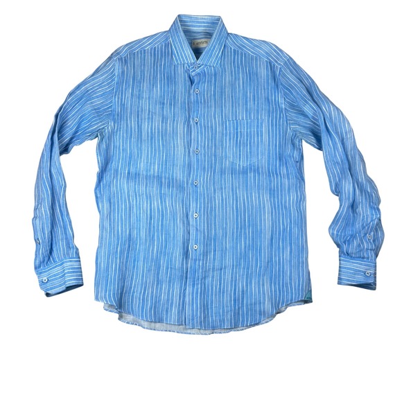 Ateseta Other - Ateseta Mens 100% Linen Striped Button Down Shirt Blue White Size 16 41 Italy